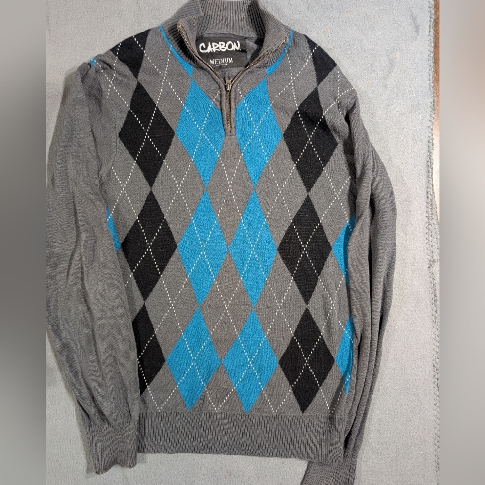 Mens Carbon argyle sweater 100% cotton‎ gray black blue Medium